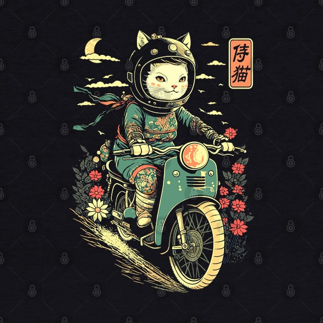 Japanese Samurai Cat on Motorcycle Kawaii Ninja Cat by Apocatnipse Meow